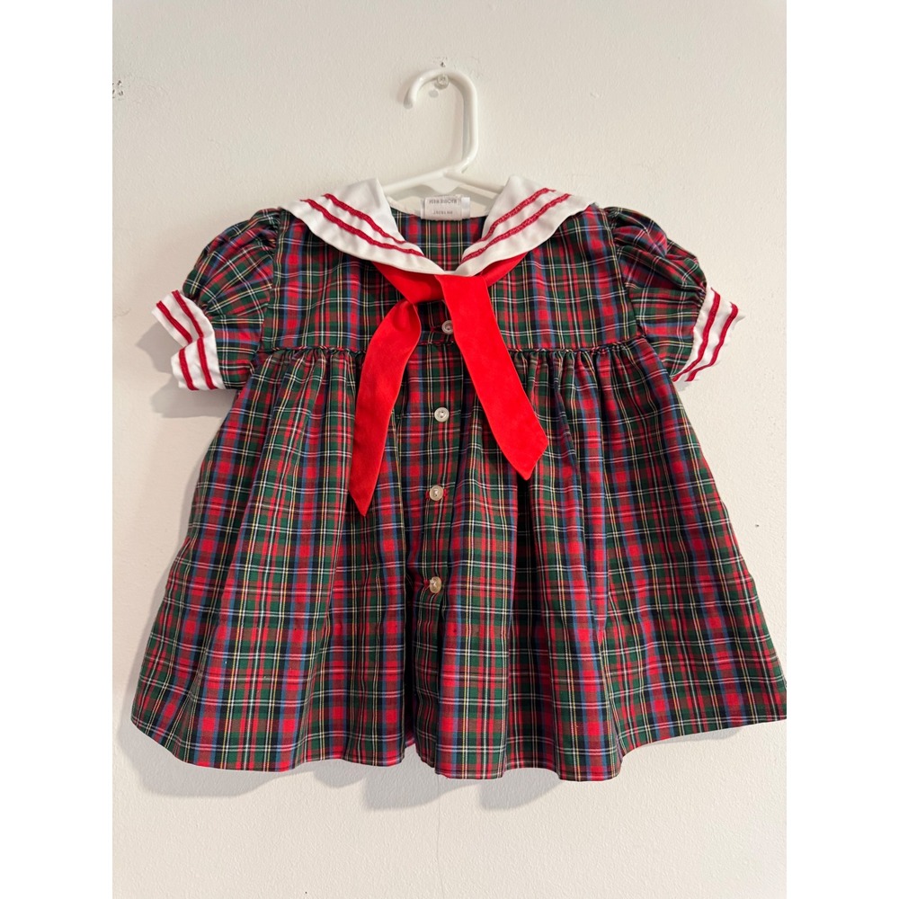 Christmas Vintage C.I. Castro & Co. Plaid Sailor Dress Girls 12M Red Green Bow